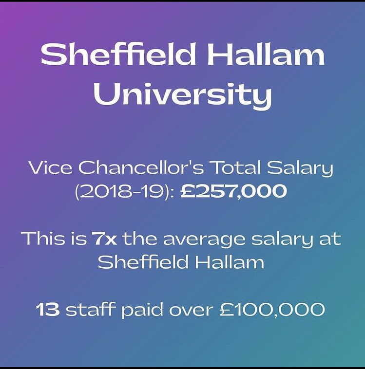 At <a href="/sheffhallamuni/">Sheffield Hallam University</a> @Hallam_VC is on..🥁🥁

£257,000 = 7x the average salary at Hallam and 13 staff are paid over £100,000 

Courtesy of @/vicechancellorsalaries on Instagram 

Go see if your VC’s salary is on there 👀

<a href="/ucu/">UCU</a> 
<a href="/DrJoGrady/">Jo Grady</a> 
<a href="/UCUHallam/">UCUHallam</a> 
<a href="/sheffielducu/">sheffielducu.bsky.social</a> 
@SHUrentstrike