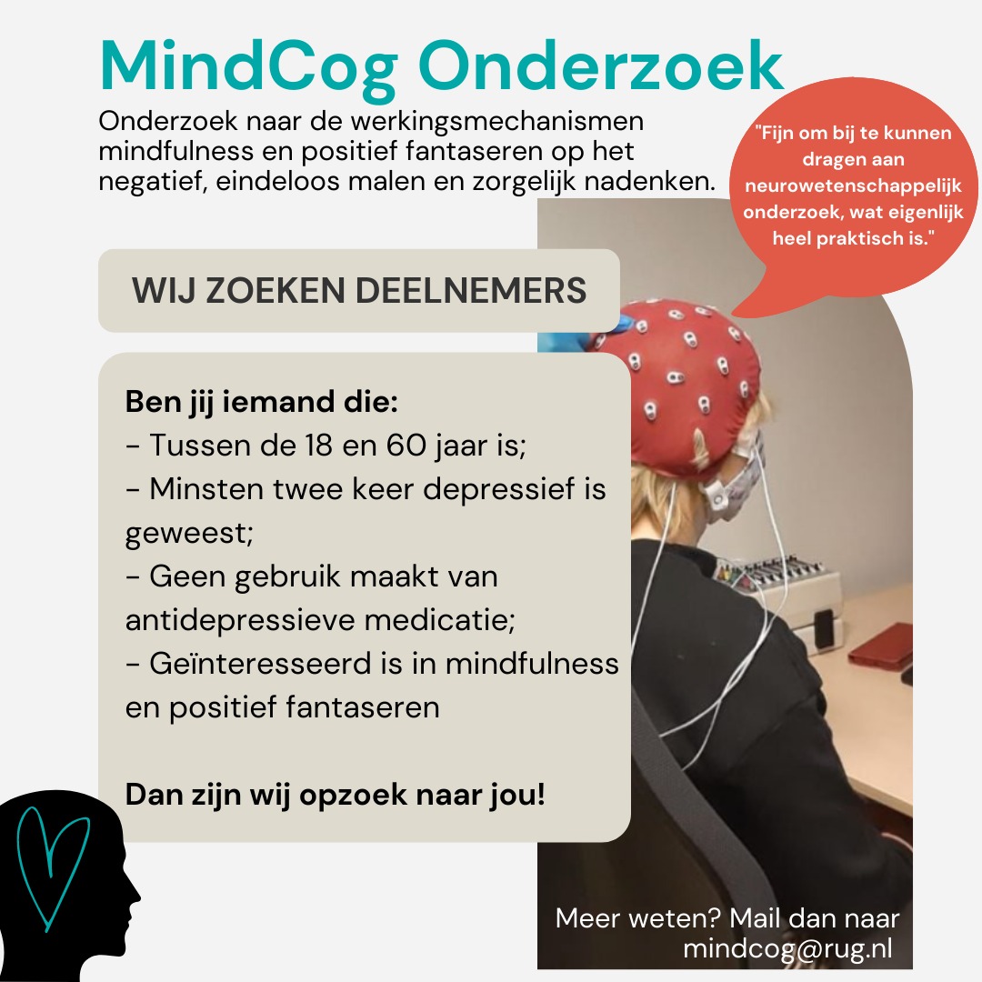 mindcogstudie's tweet photo. Momenteel zijn wij enkel opzoek naar deelnemers met een depressiegeschiedenis! Bent u geïnteresseerd in deelname aan het onderzoek ? Kijk dan voor meer informatie op de website: https://t.co/ku9yisDwpN
Of neem contact met ons op per mail (mindcog@rug.nl) of telefoon (050 3618299) https://t.co/3P68VlKB3j