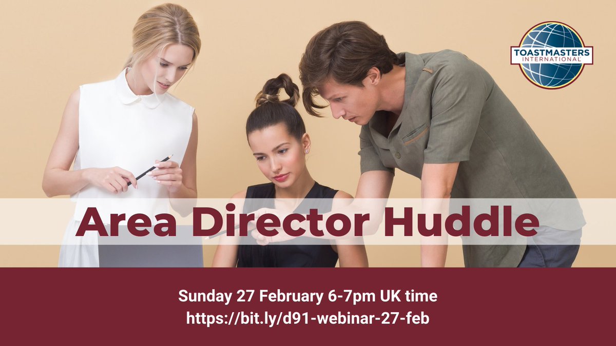 ToastmastersUKI's tweet photo. Dear D91 Area Directors and assistants! Please join this Sunday's Area Director Huddle with Ruth Ribeiro for a friendly chat to share your thoughts and ideas, plans and lessons learned.
Register https://t.co/Fy2AfqXqmm
#d91toastmasters #leadership #areadirectors https://t.co/fr0W7Coq0y