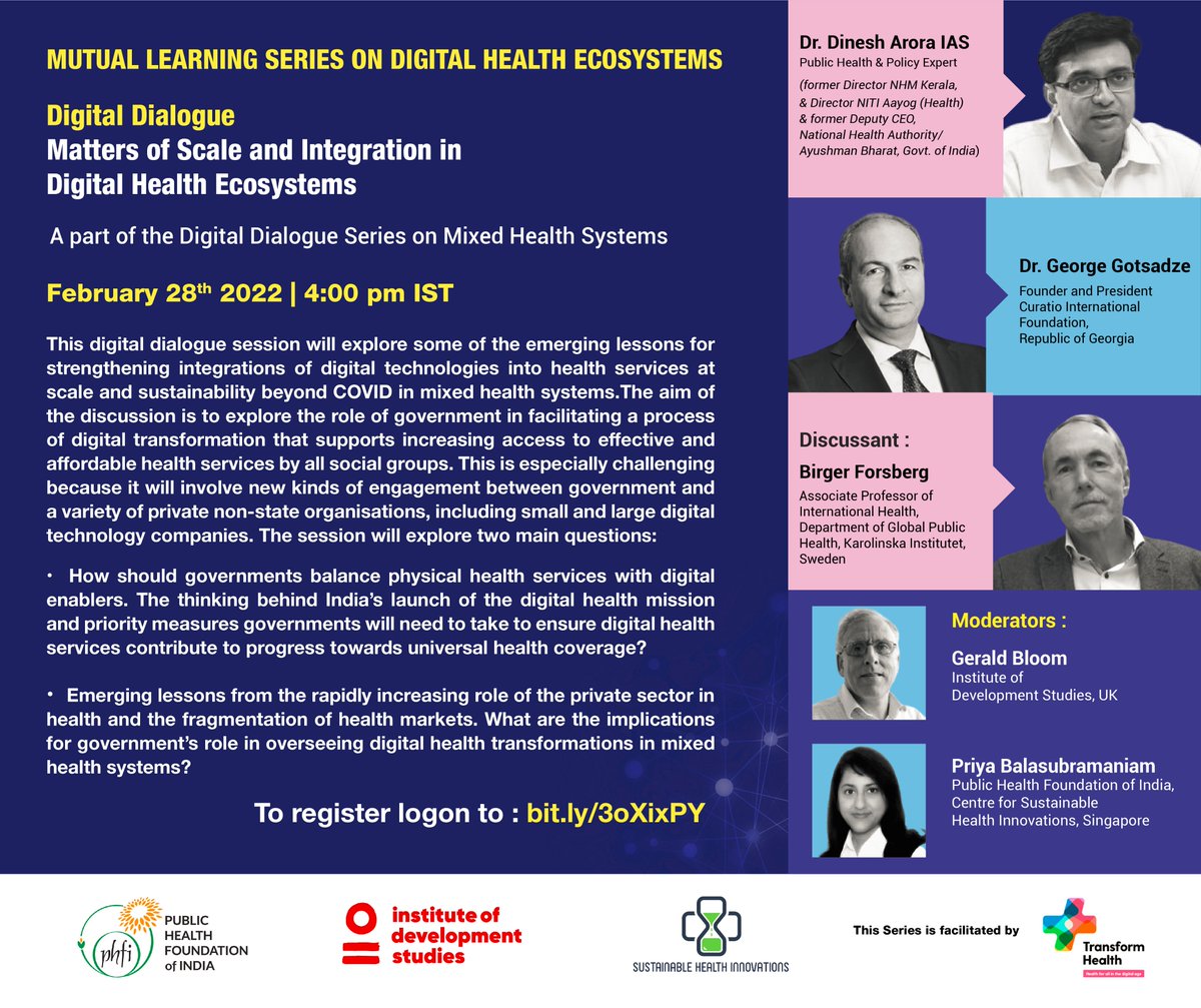 How do you integrate Digital with Physical Health Systems? What does this mean UHC in a Post-COVID world?
Do join our fantastic panel in this final Digital Dialogue at 4:00 PM IST on February 28th. 
Do register bit.ly/3oXixPY