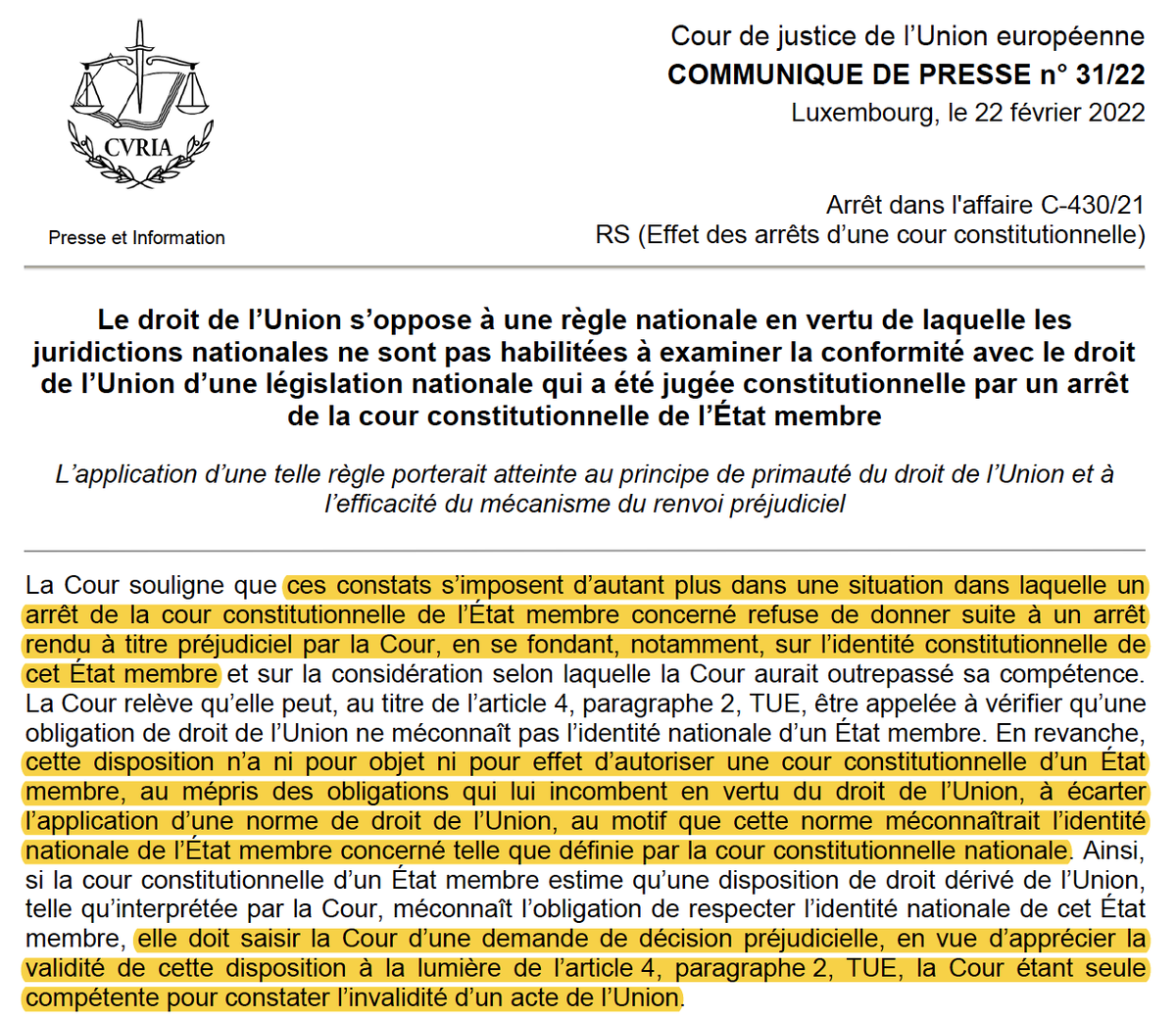N_Hervieu's tweet photo. Droit européen &amp; Constitution : La #CJUE juge qu'une juridiction constitutionnelle ne peut décider seule d'écarter le droit de l'Union au nom de "l’identité constitutionnelle" ou "identité nationale".

Mais doit saisir la #CJUE par voie préjudicielle, pour qu'elle se prononce. https://t.co/uaTGkXJWaL