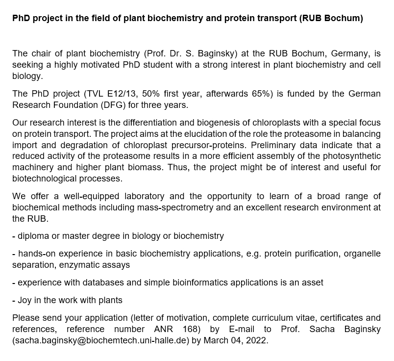 Interested in #PlantBiochemistry and #Chloroplast Biology? Here's your chance to join Sacha Baginsky's lab @ruhrunibochum for a #PhD project. Please RT
#PlantSciJobs 
cutt.ly/sPPsX7B
bpf.ruhr-uni-bochum.de/index_en.html