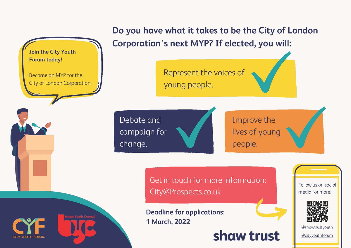SqMileFamilies's tweet photo. A fantastic opportunity for any young person (aged 11-17) who lives, works or studies within the Square Mile to stand for election to become the Member for the UK Youth Parliament. 

The deadline for applications to stand for election is Tuesday 1 March https://t.co/usD18mY9VB