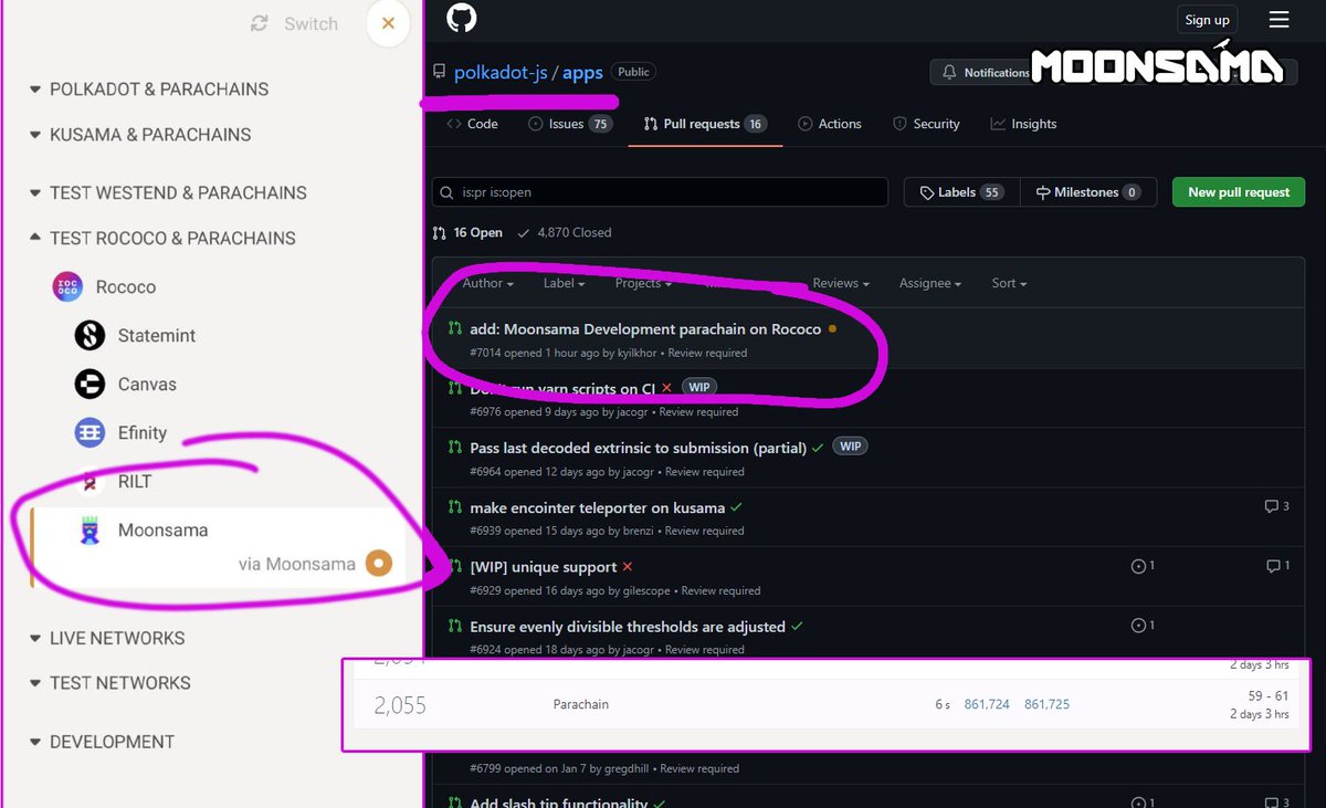DonnieBigBags's tweet photo. ANNOUNCEMENT

The @MoonsamaNFT parachain is LIVE on the $DOT testnet and successfully producing blocks:

https://t.co/Rpb0SFp53x

We have submitted a PR to the @Polkadot GitHub to add our logo/name: 

https://t.co/ZqewesGNY3

Congrats everyone. History being made right now. https://t.co/hExDgKot0o