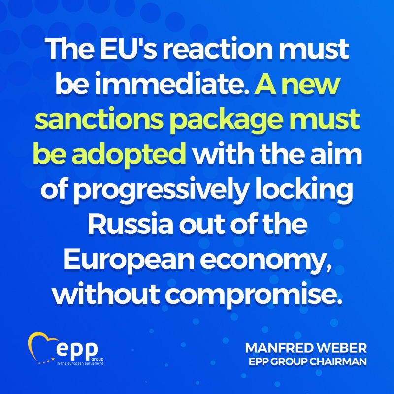 EPPGroup's tweet photo. By further invading Ukraine, Vladimir Putin is politically finished and throws his own country back by several decades.

The EPP Group Members of the European Parliament called for a new round of sanctions on Russia.

We expect the Council to act swiftly in this regard.