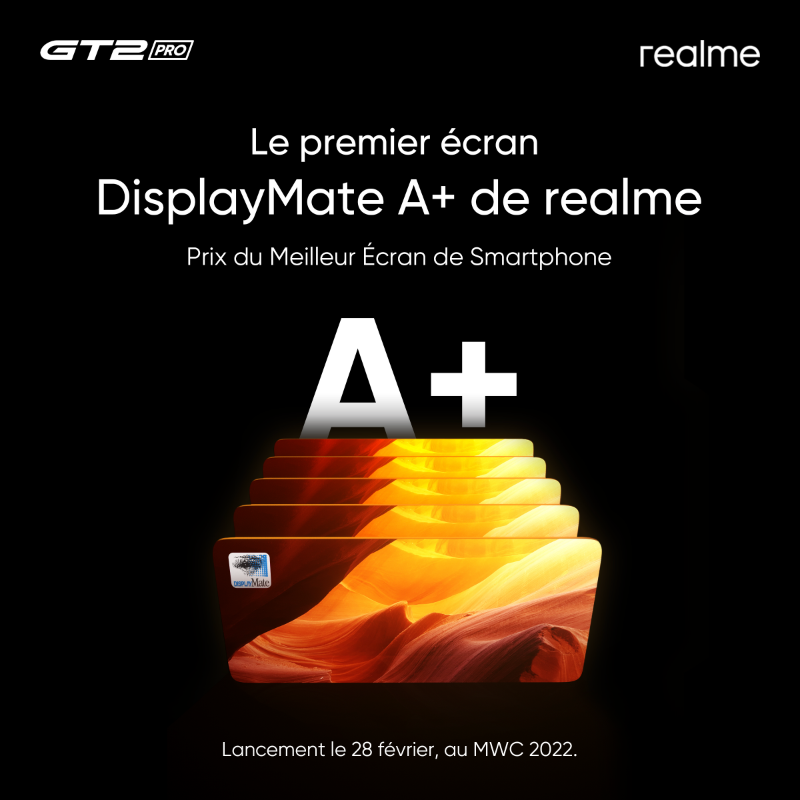 realme_France's tweet photo. #DisplayMate A+ = L'Oscar des écrans. 🏆
C'est ce qui fait que le #realmeGT2Pro est encore mieux en vrai.
Découvres-en plus sur le score #DisplayMate dans notre communauté.
Reste connecté pour l'événement en LIVE le 28 février !
#realmeFR #realmeGT2Series #GreaterThanYouSee