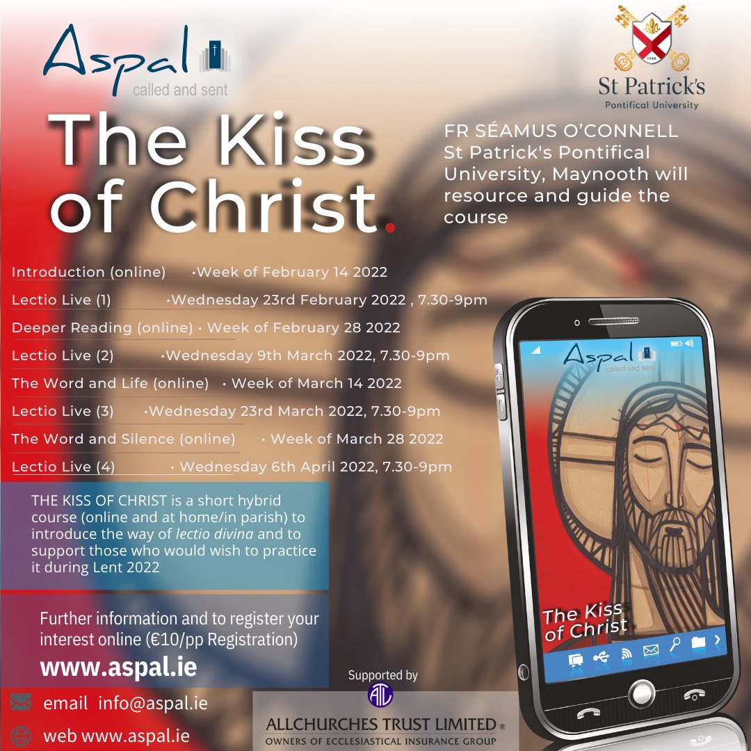 StPatsMaynooth's tweet photo. We are delighted to announce that the first @AspalApp course is now available to all parishes of Ireland. The Kiss of Christ, led by Fr Séamus O’Connell, St Patrick’s Pontifical University, Maynooth, is an online intro to lectio divina in a pastoral key over the next eight weeks. https://t.co/EVXLbRXhAu