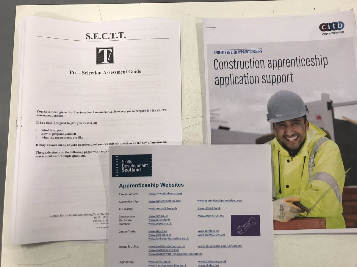 Apprenticeships in Construction, Electrical Engineering, Fire and Security and IT. Information session delivered by <a href="/skillsdevscot/">Skills Development Scotland</a> <a href="/RobertsonGroup/">Robertson</a> CV skills, Interview skills, SECTT test, CITB and career pathways.