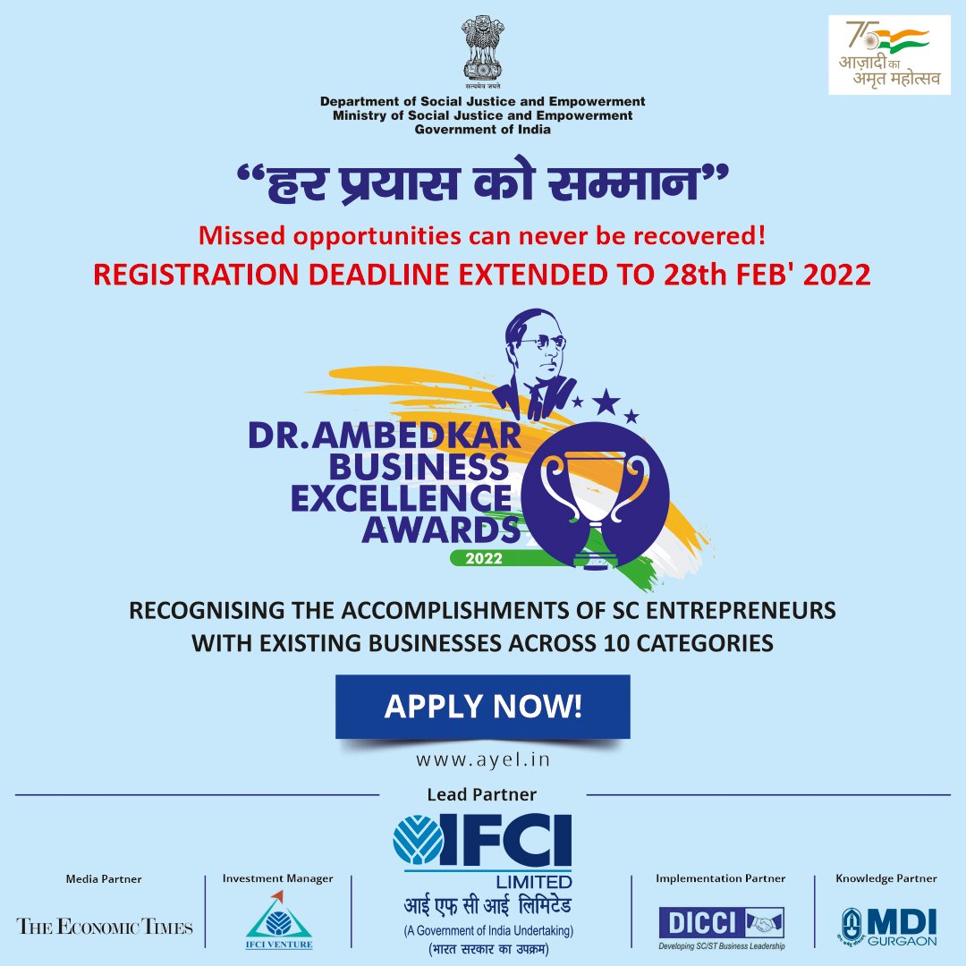 MISSED OPPORTUNITIES CAN NEVER BE RECOVERED!
Registration deadline extended to 28th February' 2022

We are accepting applications.
Log on to ayel.in to register

<a href="/IFCI_LTD/">IFCI LIMITED</a> <a href="/DICCIorg/">DICCI</a>
 #ifci