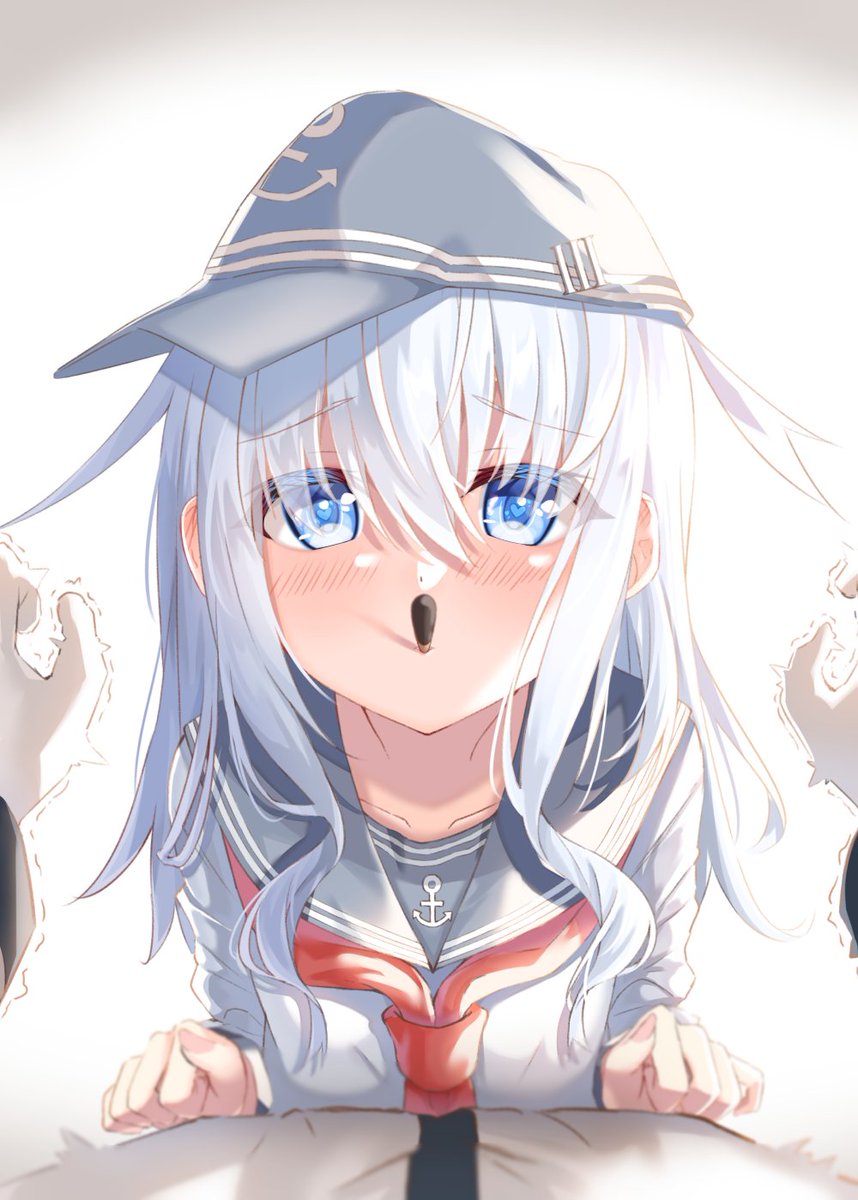 hibiki (kancolle) 1girl blue eyes long hair hat school uniform pocky sailor collar  illustration images
