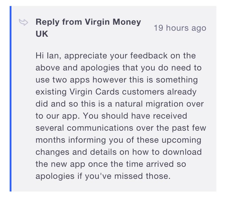 ecojaney's tweet photo. What a patronising message on Trustpilot @VirginMoney @AskVirginMoney . I don’t care what Virgin Credit Card holders had before. Its not what YB and CB credit card holders had. You’ve moved us to an inferior offering because it suits VM not because it is better for customers. https://t.co/KlKSc7207v