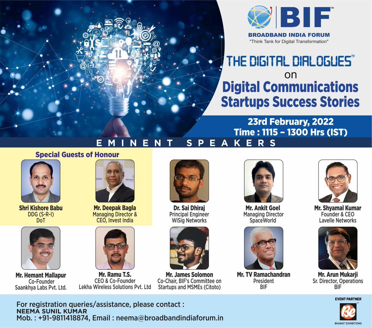 ConnectBIF's tweet photo. Join #TheDigitalDialogues on #Digital #Communications #Startups Success Stories @ 1115 hrs tomoro with Shri Kishore Babu, DDG (SRI) @DoT_India & Mr. Deepak Bagla, MD & CEO @investindia as Special Guests of Honour, and esteemed Industry Speakers
Register @ https://t.co/BORYZe39rq https://t.co/kJuSY7LRVq