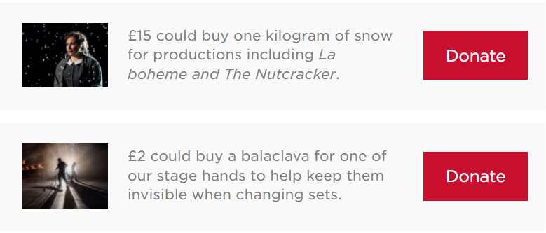 joshspero's tweet image. For some reason, I find both of these Royal Opera House donation options incredibly funny. I think it's the RSPCA tone and the ROH content