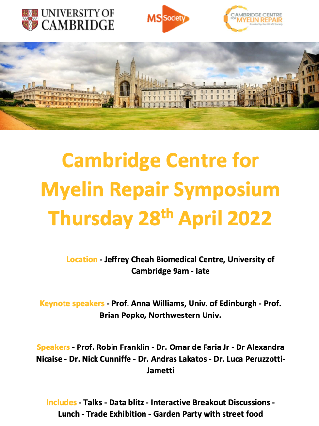 Pluchinolab's tweet photo. Very much looking forward to the first @CentreMyelin symposium on the 28th April | fantastic line up of young and less young ;) speakers (including @Dr_LPJ and @Telencephale) plus keynotes #BrianPopko and #AnnaWilliams https://t.co/zZL5igGPSA