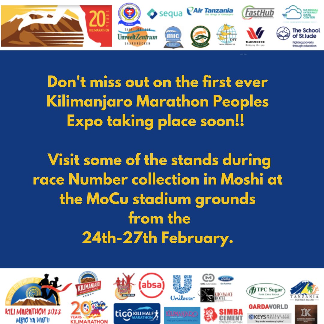 Karibu kwenye MAONYESHO ya kwanza kabisa kwaajili ya sherehe ya miaka 20 ya Kili Marathon tarehe 24-27 Februari 2022.

Alhamisi saa sita - kumi na moja
Ijumaa saa nne - mbili
Jumamosi saa tatu - kumi na moja

Usikose nafasi hii ya kujumuika na kupata soko!

#kilimanjaromarathon
