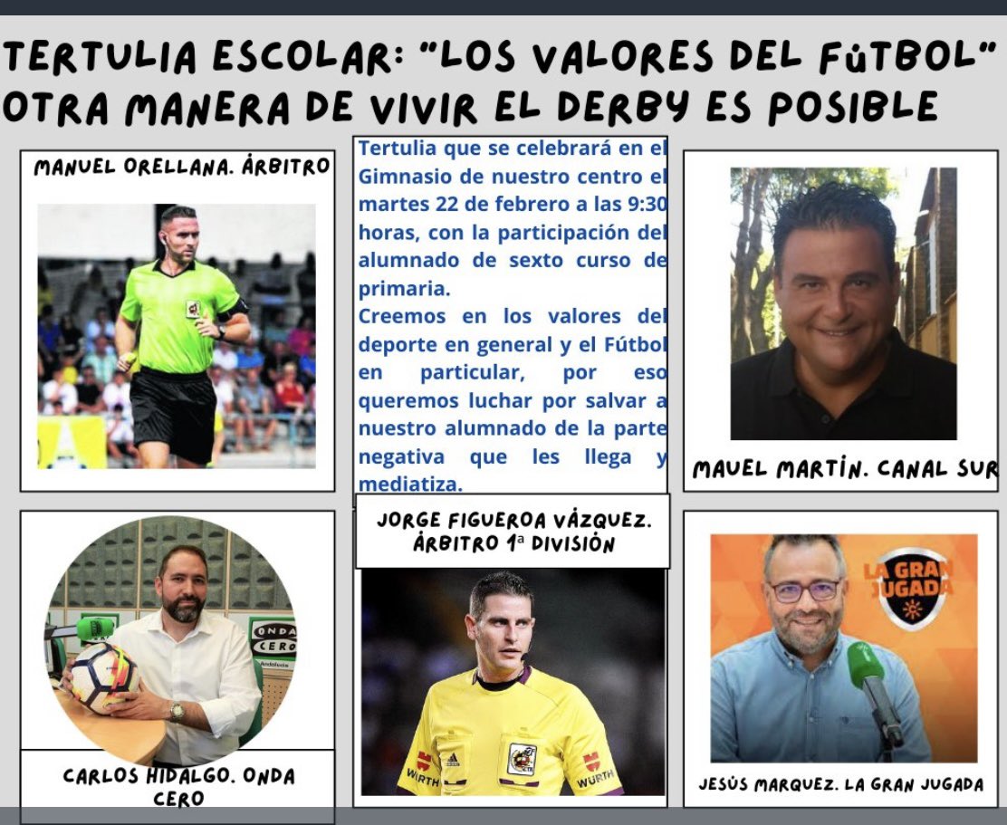 kusgm's tweet photo. 1ª Tertulia escolar: Los Valores del fútbol “Otra manera de vivir el derby es posible”.
Tertulia que se celebrará en el Gimnasio de nuestro centro el martes 22 de febrero a las 9:30 horas, con la participación del alumnado de sexto. https://t.co/XelAIJ9Skx