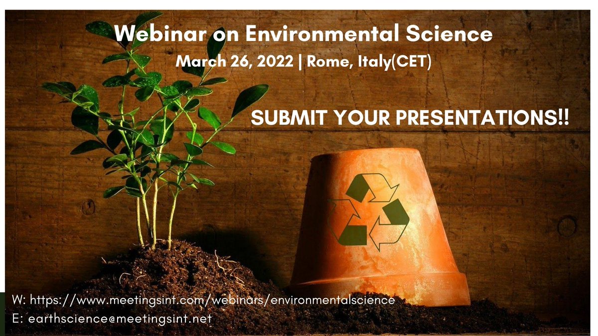 congress_earth's tweet photo. Call for Presentation submissions!
Submit abstracts soon to join at #WebinaronEnvironmentalScience scheduled for March 26, 2022
URL: https://t.co/WbLe9MfbXk
E: earthscience@meetingsint.net
#meetingsint #environmentalscience #recycling #ewaste #biogeochemistry #ecosystem https://t.co/eegLNXQQiG