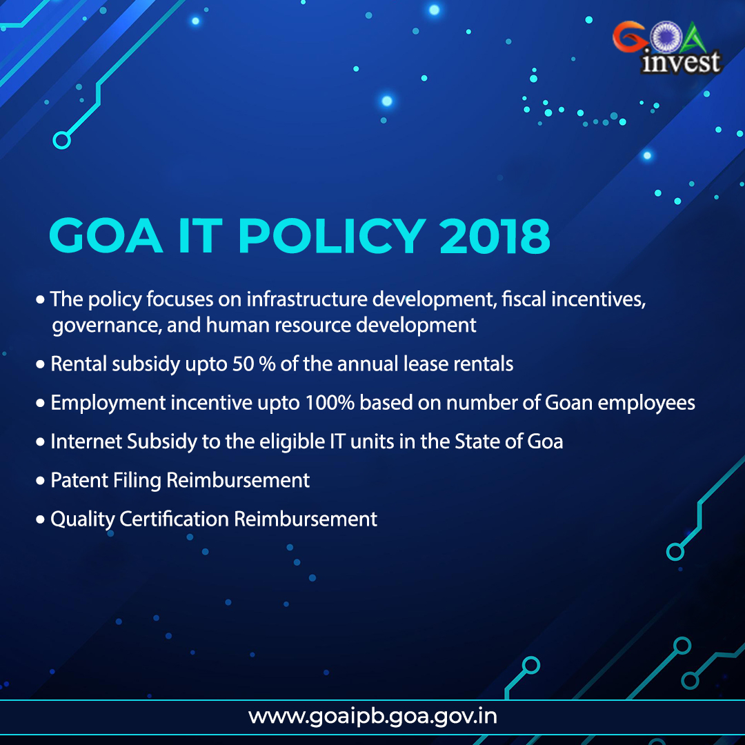 Goa_IPB's tweet photo. Goa IT Policy 2018 focuses on infrastructure development, fiscal incentives, governance and human resource development.
Visit https://t.co/wC9exzJEgC to know more.
.
.
.
.
#Goa #GoaIPB #investingoa #tourism #hospitality #touristcapital #panjimgoa #foreigninvestment #ITPolicy https://t.co/u2suAKlrsA
