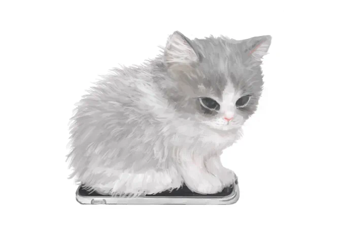 これはフォロワーさんちの子猫がスマホに乗ってる絵 