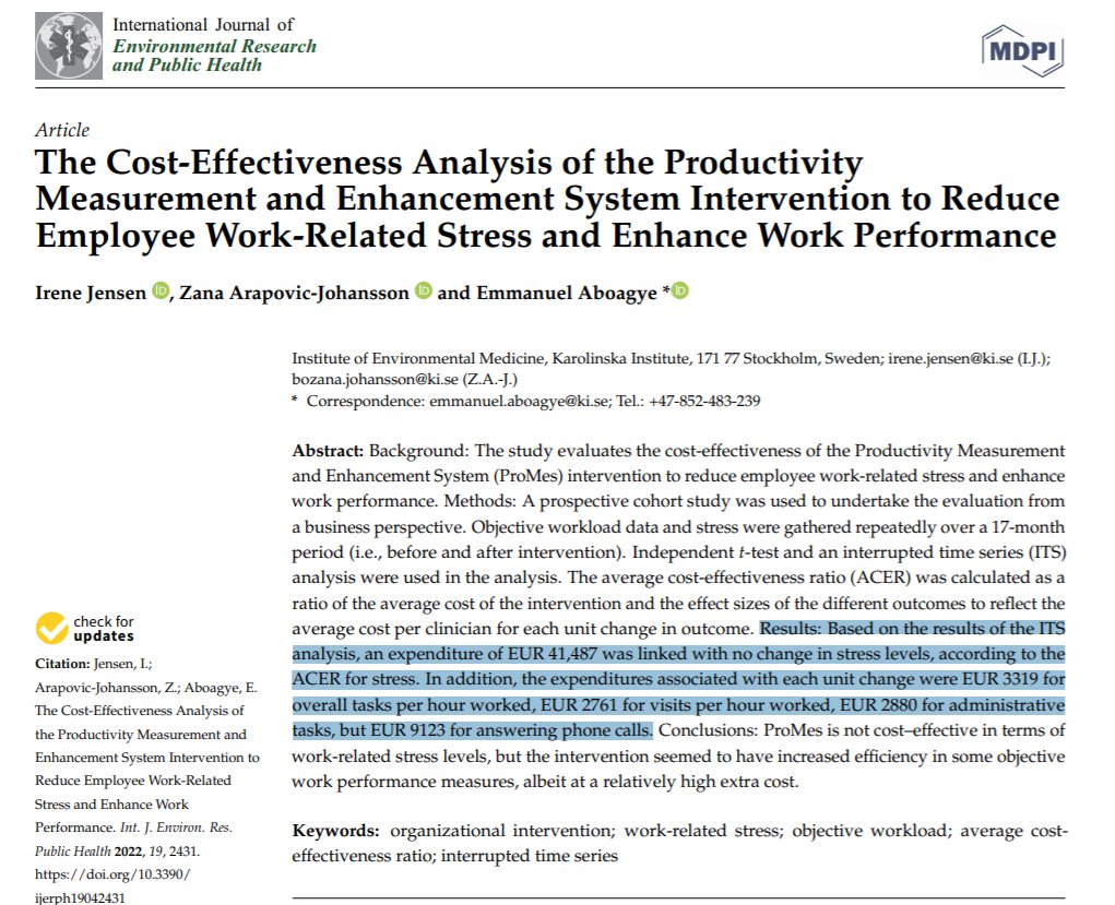 Congrats to <a href="/professorns/">Irene B Jensen</a> <a href="/BozanaJohansson/">Bozana A Johansson</a> on this <a href="/IJERPH_MDPI/">IJERPH</a> pub! Results from the Stress Prevention study (SPA) show ProMes:
* is not cost-effective for Stress
* had mixed impacts on objective workload
* improved efficiency at a relatively high additional cost.