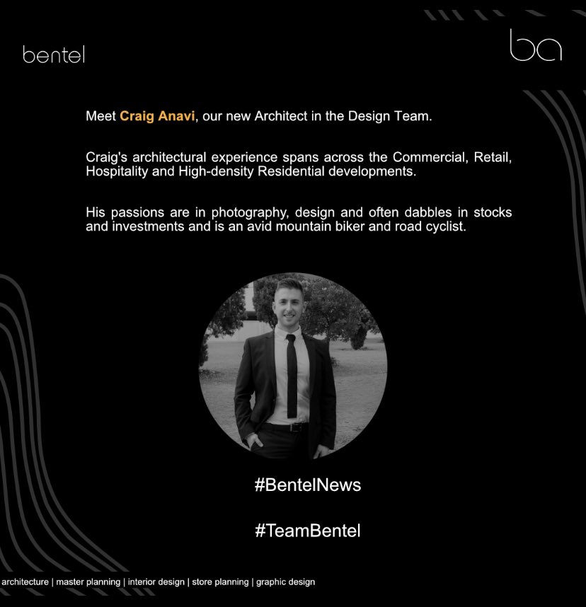 Bentel_Assoc's tweet photo. Craig joins #TeamBentel and loves the facts that #Bentel has a great social environment with a balanced work and play outlook.
His life quote “Draw twice, Build once.”
 
#TheBentelWay https://t.co/7Lb1ON6JAM