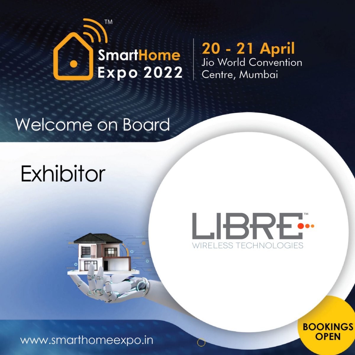LibreWireless's tweet photo. Libre is pleased to announce that we are participating as an "Exhibitor" in the upcoming Smart Home Expo | April 20-21, 2022 at #JioWorldConventionCentre | Mumbai, India.

Get your free pass now: https://t.co/lpyL3DzSv6

#SmartHomeExpo #SmartHomes #Libre #IoT #voice #India https://t.co/91RhGTzlyd