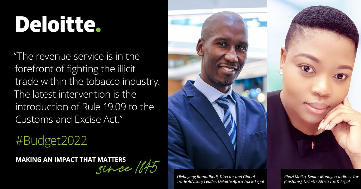 DeloitteSA's tweet photo. It has been a practice that manufacturers &amp; importers of cigarettes clear a significant volume of products before the National Budget Speech is delivered to pay the lower rate of excise duty. Learn more from @Olebogeng_SR &amp; #PhoziMbiko. https://t.co/6fs3S7Av3s
#Budget2022 https://t.co/zXvPLoAXhb