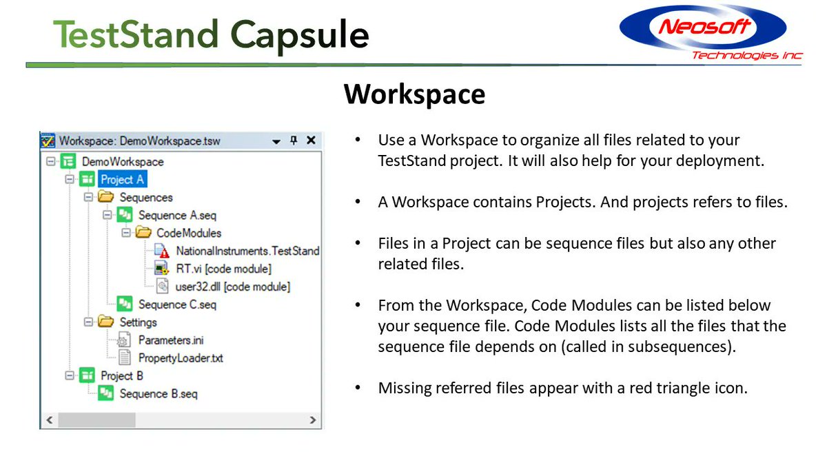 NeosoftTechInc's tweet photo. #TestStand workspaces help you in many ways to keep your code organized and ease its deployment ! #EngineerAmbitiously https://t.co/FeK7w5pAfx