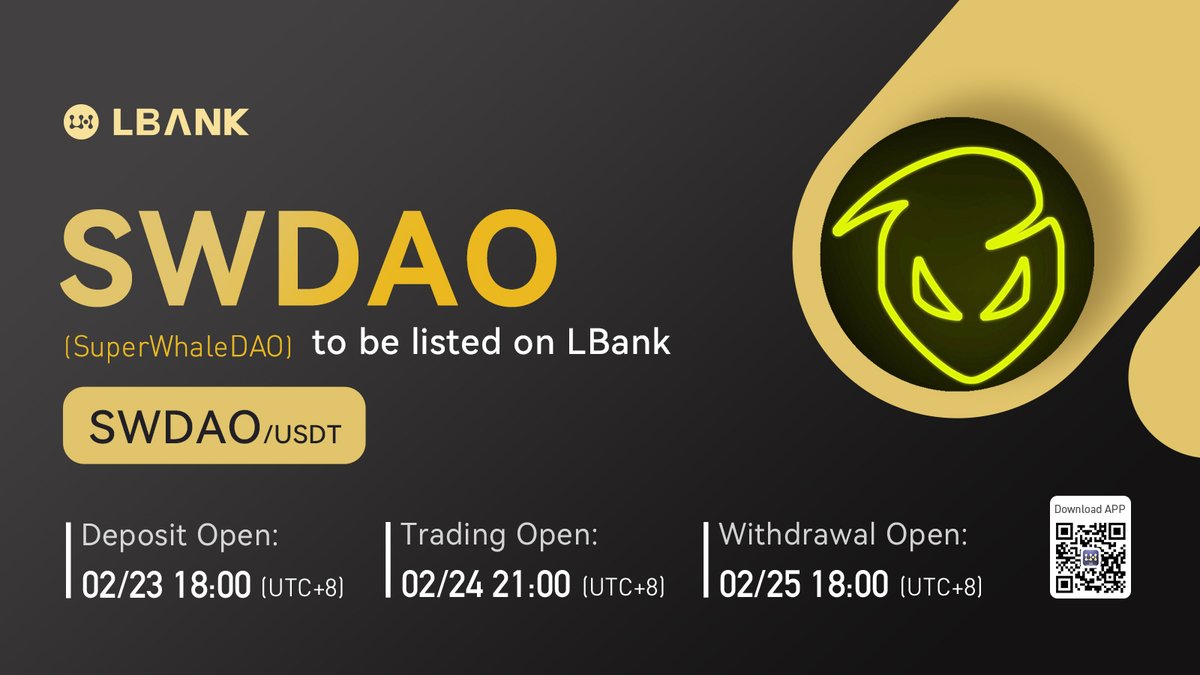 🔥 New #listing

💫 $SWDAO (SuperWhaleDAO)will be listed on LBank! <a href="/SuperWhaleDAO/">SuperWhaleDAO</a> 

SuperWhale is the worlds first community/blockchain driven superhero metaverse.

❤️ Details: bit.ly/35fMbss