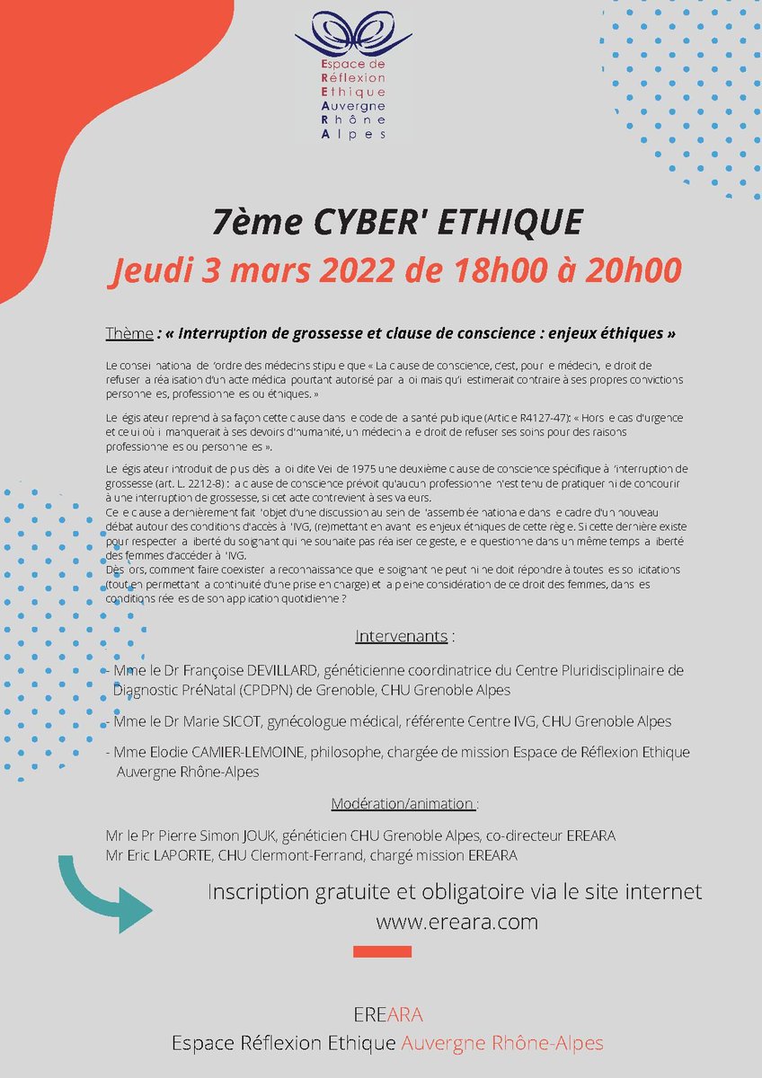 E_R_E_A_R_A's tweet photo. 🔜 Rappel de notre programmation de la semaine prochaine !
🔹 Mercredi 2 Mars : CIN'ETHIQUE au cinéma les Alizés à Bron.
🔹Jeudi 3 Mars : CYBER'ETHIQUE 

➡️ Inscriptions : https://t.co/HhIJmSgDKJ 

#Alzheimer #clausedeconscience #interruptiondegrossesse #ethique https://t.co/ii4h4Fc4aN