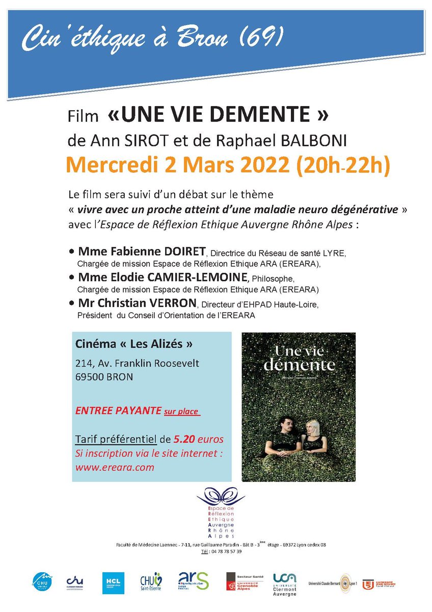 E_R_E_A_R_A's tweet photo. 🔜 Rappel de notre programmation de la semaine prochaine !
🔹 Mercredi 2 Mars : CIN'ETHIQUE au cinéma les Alizés à Bron.
🔹Jeudi 3 Mars : CYBER'ETHIQUE 

➡️ Inscriptions : https://t.co/HhIJmSgDKJ 

#Alzheimer #clausedeconscience #interruptiondegrossesse #ethique https://t.co/ii4h4Fc4aN