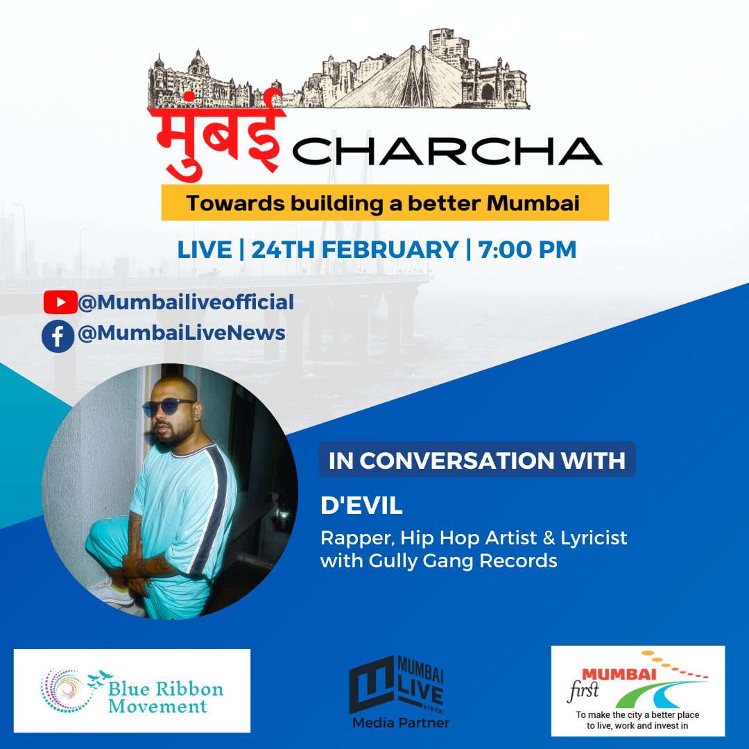 This Thursday, #MumbaiCharcha will engage in conversation with @theeevil_ -  Hip Hop artist &amp; Lyricist with <a href="/gullygangindia/">GULLY GANG</a>. Join us as we explore the rhythm and beats of life in Mumbai City with @theeevil
<a href="/brmworld/">Blue Ribbon Movement</a>  &amp; <a href="/MumbaiLiveNews/">Mumbai Live</a>  
#Mumbaikar #gullygang #music #city #dreams