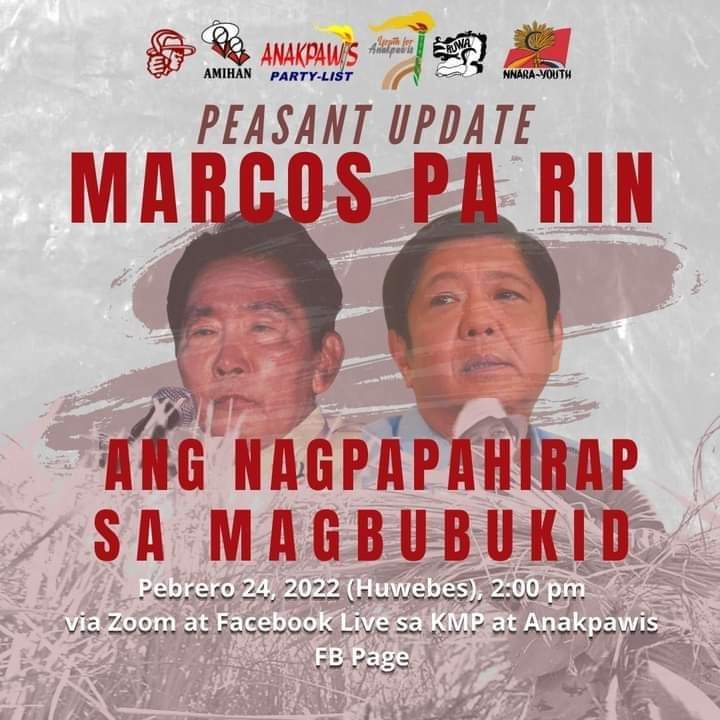Inaanyayahan ang lahat sa isang ONLINE FORUM para sa napapanahong pagtalakay ng mga magbubukid hinggil sa pagpapahirap at delubyong dulot ng pamilyang Marcos sa mga magbubukid mula noon hanggang ngayon.

#NeverAgain #NeverForget #ibalikangninakawhindiangmagnanakaw