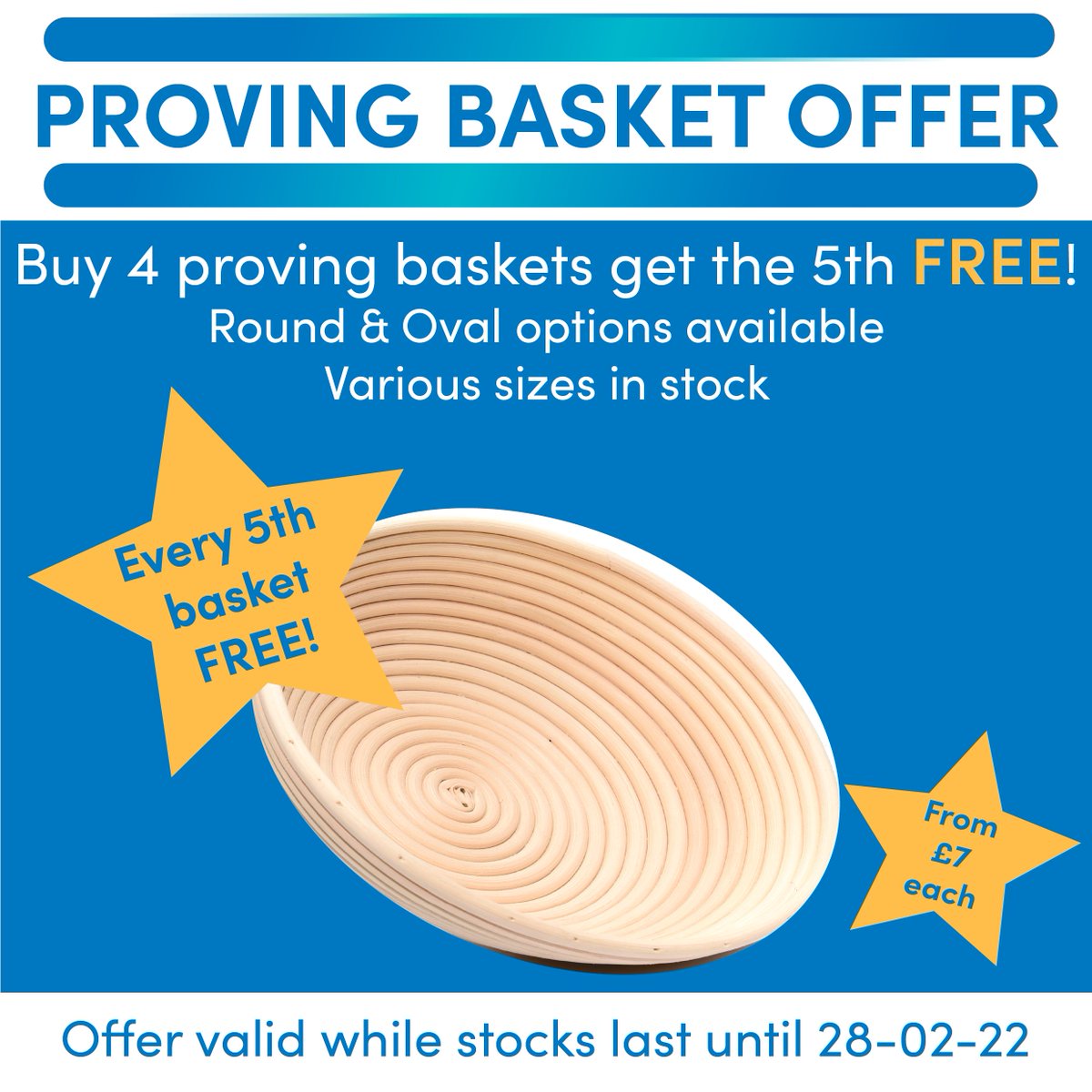 📣 PROVING BASKET OFFER 📣 Buy 4 proving baskets get the 5th FREE! Call today on 01984 640 401, option 1 to order. 📞We are ready for your call! #provingbakets #offer #bakerysupplies #bakery #baking #febdeals