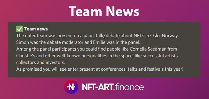 Why we love enter #31

Team News!
-Conferences, talks and festival this year
-Panel Talk

<a href="/EnterNFT/">enter - NFT ecosystem ✨</a>
$NFTART #EnterArmy #ENTERART #enterAUDIO #enterGAMES #enterNFT #NFT