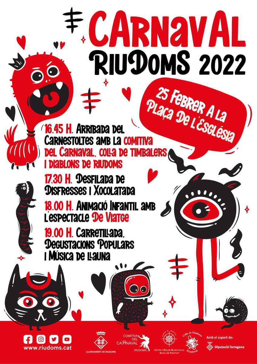 Ja estàs a punt per l’arribada del Carnestoltes a #Riudoms? 🎊🪅🎉

😈😈El proper divendres 25 de febrer a la tarda, t’esperem a la Plaça de l’Església! Enguany amb presència de la Colla de Diablons del CERAP - Centre d'Estudis Riudomencs Arnau de Palomar

Us hi esperem!🎊🎊