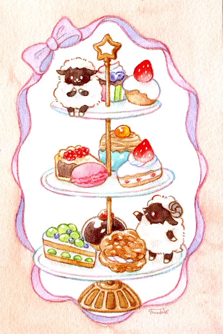 羊とケーキスタンド 