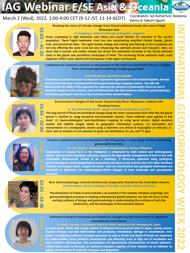IAGAIG's tweet photo. The programme for the IAG International Geomorphology Week regional webinar in East/Southeast Asia and Oceania (2nd March 09:00 JST, 11:00 AEDT, 13:00 NZDT) is now online! Register for free and get all the details of #IntGeomorphWeek2022 at https://t.co/0Uo43FXL26 https://t.co/nZuBKwjP7D
