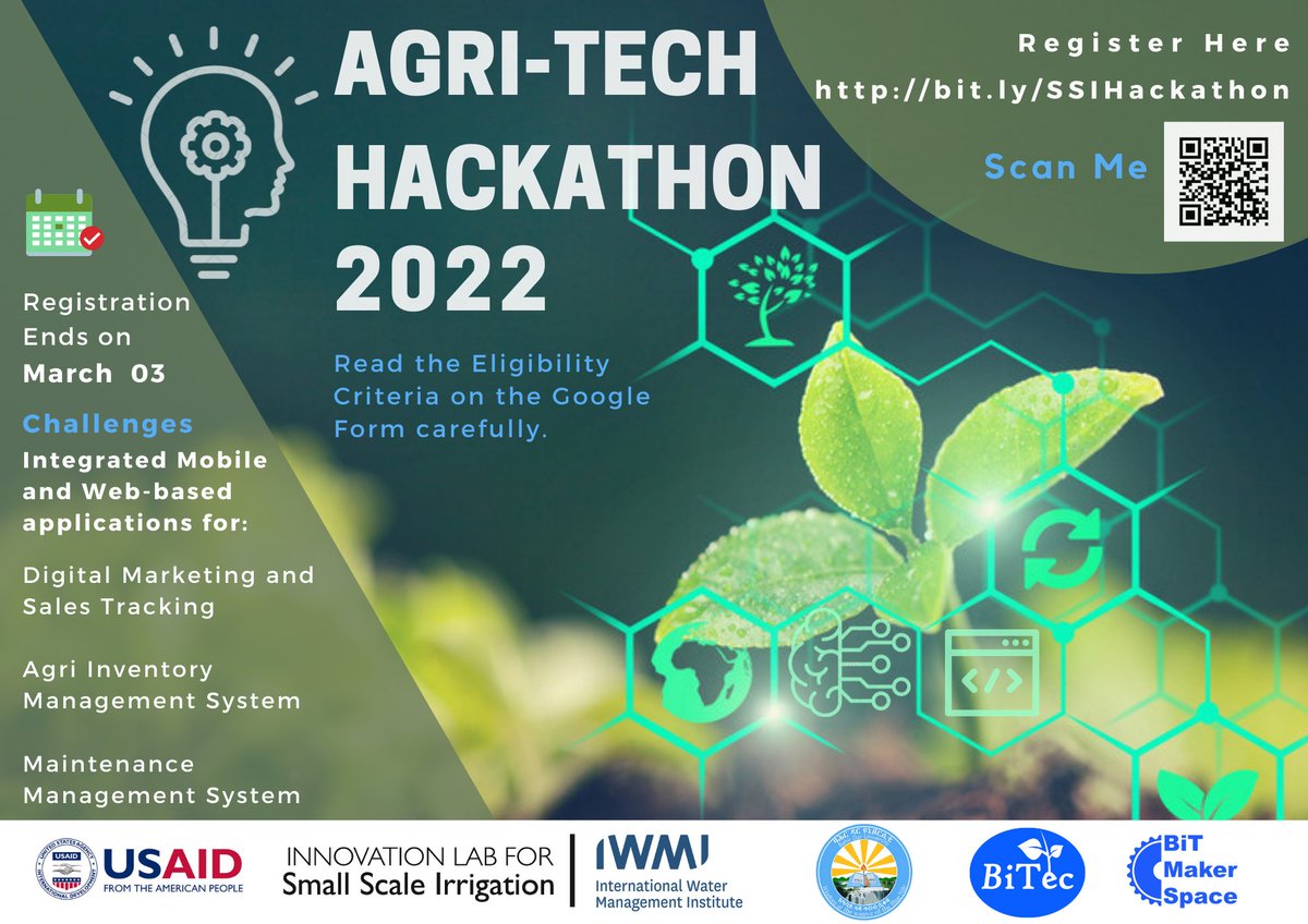 Get ready to innovate! 📣
Second Round Agri-Tech Hackathon 2022 on Small Scale Irrigation is here.  
Here is where you may register 👉bit.ly/SSIHackathon
⏰March 03,2022
#SSIAgriTech2022