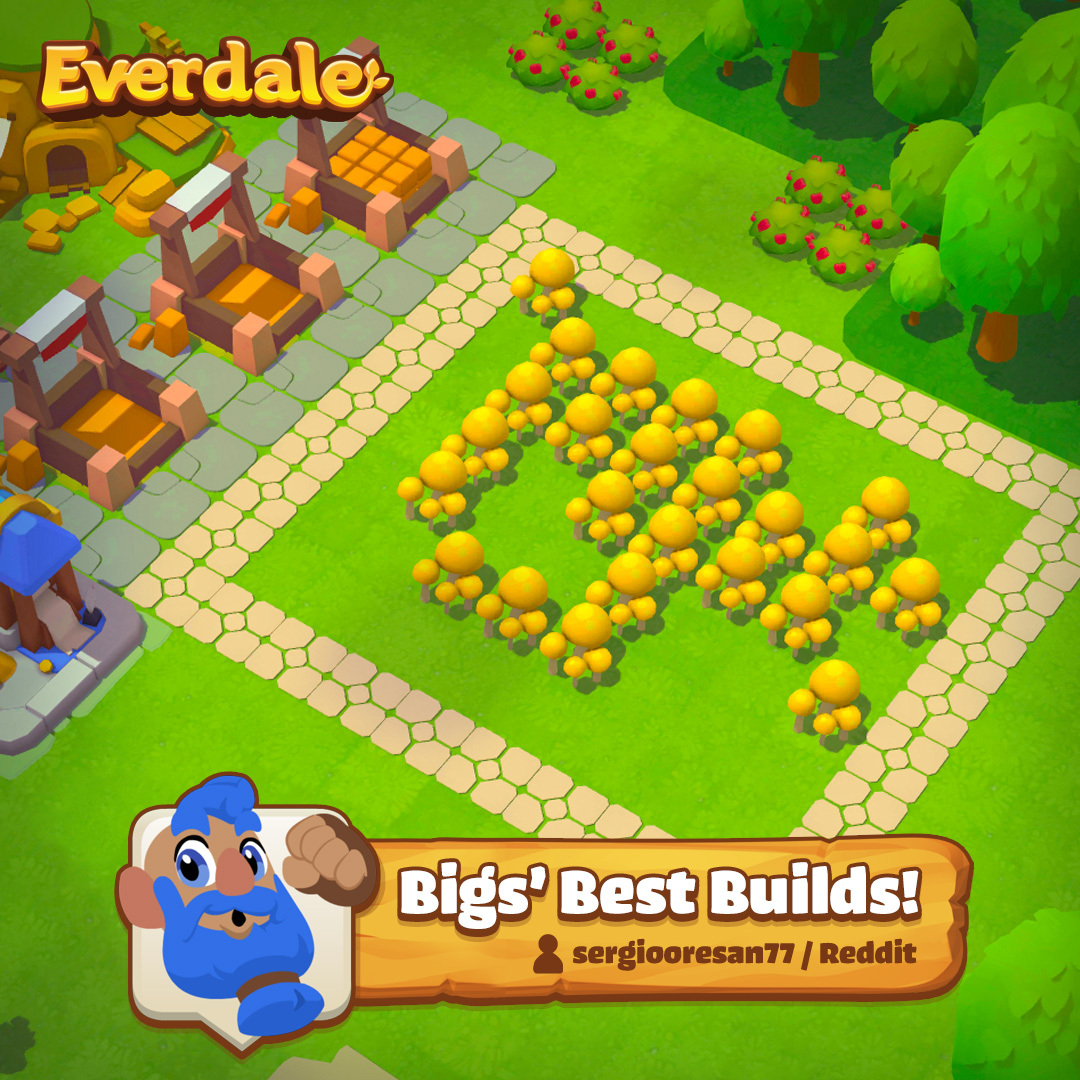 Everdale's tweet photo. Villager, a square dedicated to mushrooms! Bigs sure is impressed with your efficiency u/sergiooresan77! 🍄 Submit your Village designs or mushrooms to #BigsBestBuilds 💛 https://t.co/eHvTpf3ZWr