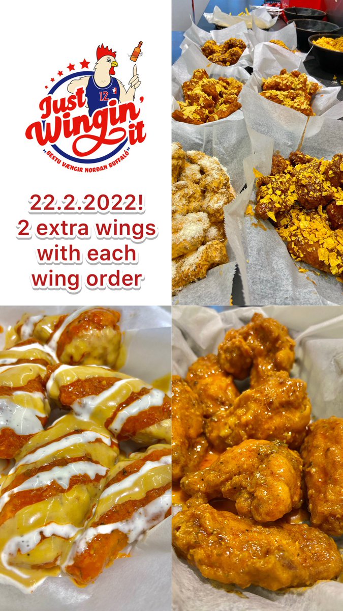 22.2.2022?! It’s a get two TWOsday! 
2 extra wings with every wing order! 

Brave the 🥶 storm! Eat HOT🥵 wings! 

#justwinginit