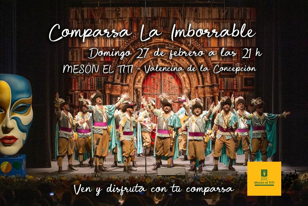 Vaya finde se viene!

- VIERNES: 
22:10h - Final de Carmona.

- SÁBADO: 
21h - Entrega de premios del concurso de Córdoba.
21:30h - Actuación por el carnaval en la calle de Córdoba.
01:30h - Final de Alcalá de Guadaira.

- DOMINGO:
21h - Actuación en el MESÓN EL TITI (Valencina).