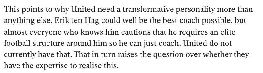 MelissaReddy_'s tweet photo. Good long piece from @MiguelDelaney on Manchester United. This bit on Erik ten Hag has also been mentioned to me by two technical directors: he is a very good coach that thrives under a solid structure, not a transformative manager to galvanise a club

https://t.co/rcW7pH9A4c https://t.co/iUJJY664s8