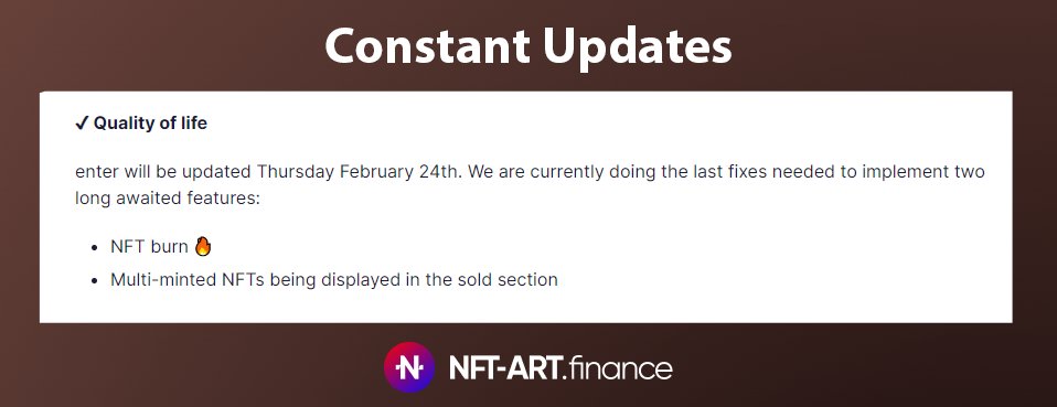 Why we love enter #33!

Constant Updates!
-Quality of life upgrades
-NFT burn this thursday
-Multi-minted NFTs displayed on sold section
It just keeps getting better.

<a href="/EnterNFT/">enter - NFT ecosystem ✨</a>
$NFTART #EnterArmy #ENTERART #enterAUDIO #enterGAMES #enterNFT #NFT