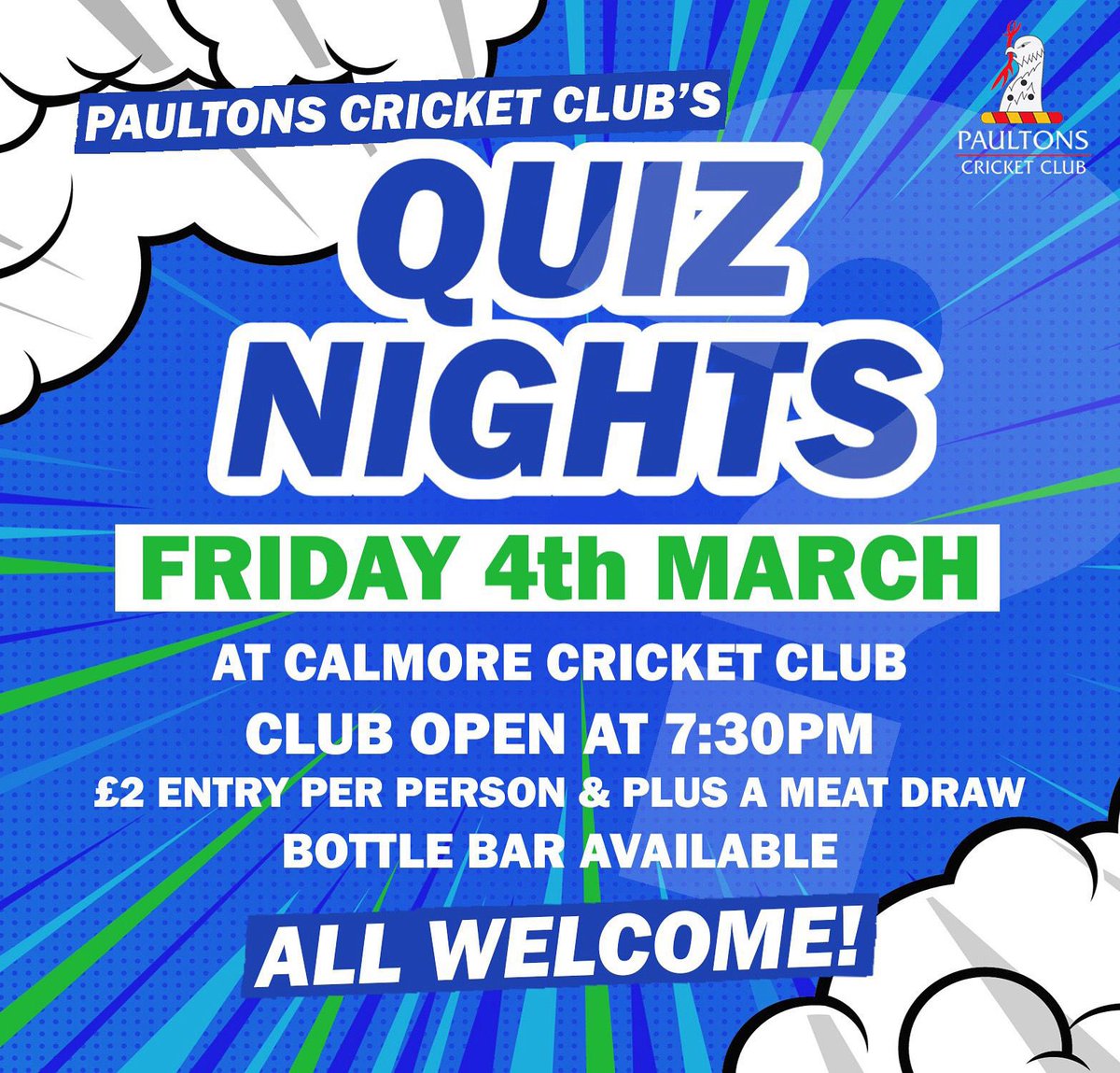 PaultonsCC's tweet photo. THE QUIZ IS BACK ON!! 🥳🥳🥳

Hope to see as many people as possible at @Calmore_Sports for our quiz night!! 

Thanks once again to @Calmore_Sports for allowing us the use of their facilities! 

#quiznight #quiz #hantscricket #paultons #calmore https://t.co/A2F9jCD9B0