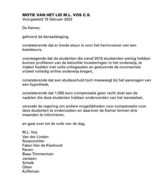 Forum voor Democratie en de PVV redden het kabinet in de <a href="/EersteKamer/">Eerste Kamer der Staten-Generaal</a> en stemmen tegen het voorstel om leentstelselstudenten in het geheel te compenseren. De motie van de PvdA om de compensatie uit te breiden haalt het wel.