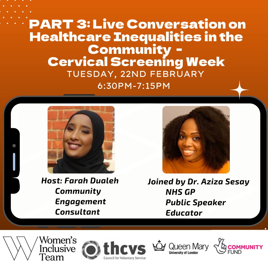 WomenInclusive's tweet photo. What questions do you have about cervical/smear screening?
Join us on Instagram at 6:30pm for part 3 of the live conversation on healthcare inequalities. This week’s topic is cervical screening.
#cervicalscreening #inequalities #health #london #towerhamlets #thcvs https://t.co/Bik6YD9O1V