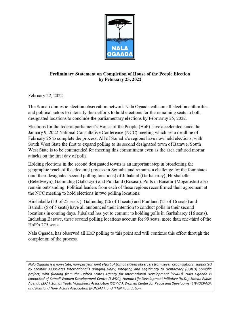 nalaogaada's tweet photo. The Domestic Observation Group of Nala Ogaada issues a statement👇on the completion of the House of the People (HoP) elections &amp; the implementation of election agreements, such as the implementation of the 2 polling stations.
@SomaliaBUILD
@USAIDSomalia
@Doorashada2021
@SomaliPM https://t.co/VQ34FMfScx