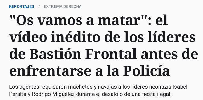 Entre los detenidos, además de Peralta y Miguélez, una decena de jóvenes españoles, italianos y ucranianos. Destaca:
1.El poco interés mediático del terrorismo fascista
2.Estos neonazis dan entrevistas en medios
3.Estas armas son para "cazar" a menores migrantes y personas lgtbi