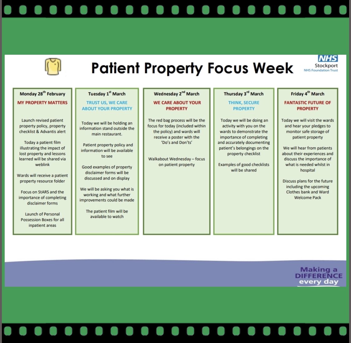 StockportPtExp's tweet image. Next week is Property Focus week @StockportNHS exciting things are coming;property boxes for safe storage,resource files,patient film, display stand,activities,new advantis alert for property checklists👕,staff/patient pledges,improved red bag process #peopleattheheartofallwedo